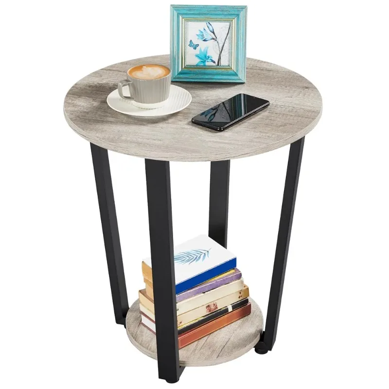 

2-Tier Round End Tables Living Room, Industrial Small Round End Side Snack Table with Stable Storage Shelf and Metal Legs