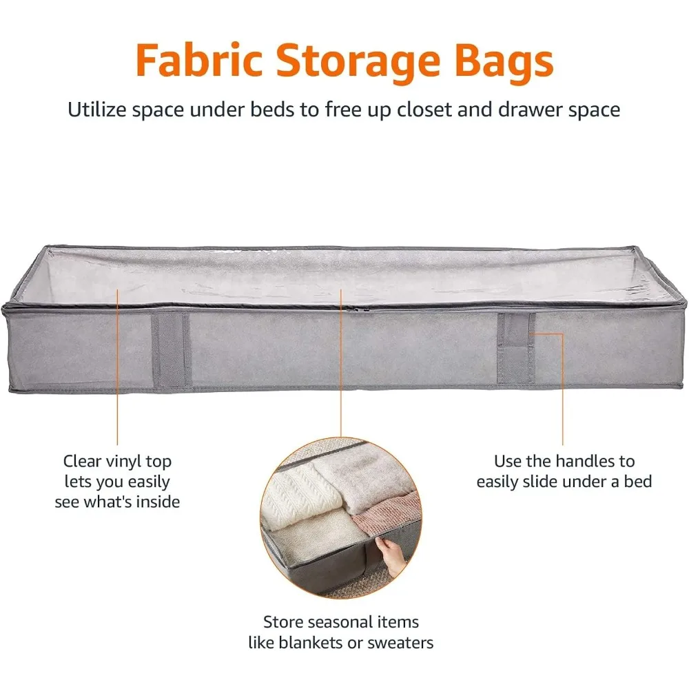 Under Bed Storage Bags for Clothes and Blankets, Foldable Fabric Zipper Container with Clear Window, Reinforced Handles, Space Saving, 18x42x6 Inches, Gray, 2-Pack