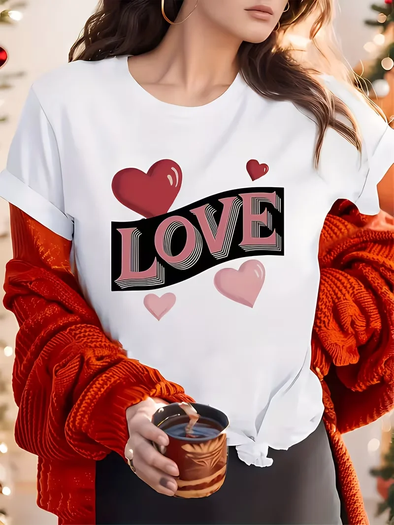 

Ladies Casual Valentine's Day 'LOVE' Heart Print T-Shirt Women's Fashion Comfortable Cotton Tee for Romance Day