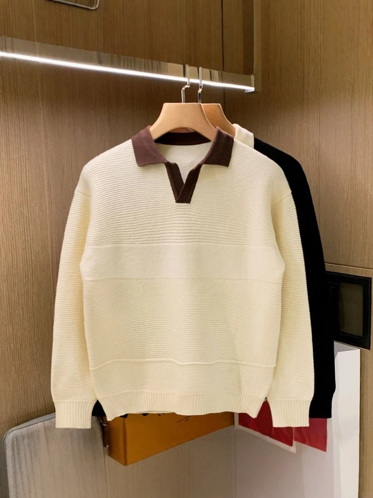 Autumn Winter Thickened Knitted Casual Men's Sweater Long Sleeve Shirt Fashionable Color Block Collar Comfortable Loose Fit