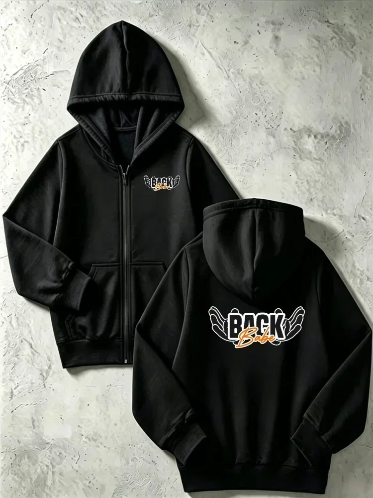 Unisex Black Zip Up Hooded Jacket Stylish Back Babe Wings Letter Graphic Long Sleeve Loose Soft Daily Wear Sweatshirt