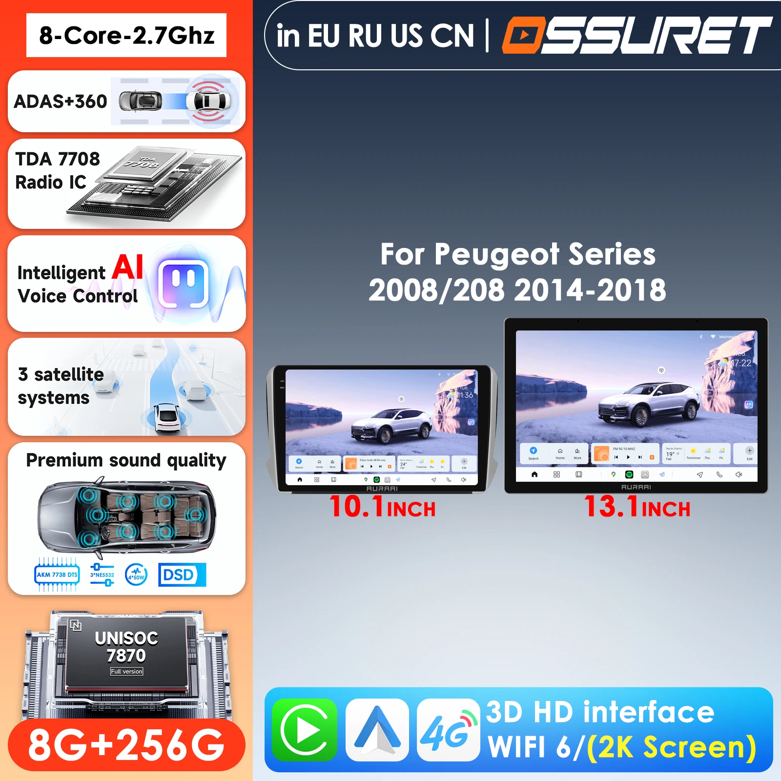 AURAX100 Intelligent Al Car Infotainment System GPS Navi For Peugeot 2008 208 Series 2014-2018 Multimedia Player Carplay 4G ADAS