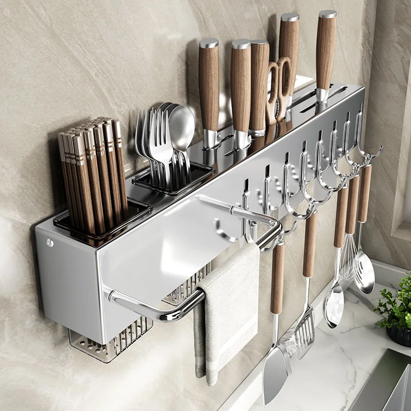 

Stainless steel wall mounted knife holder multifunctional storage rack, household kitchen non perforated integrated storage rack
