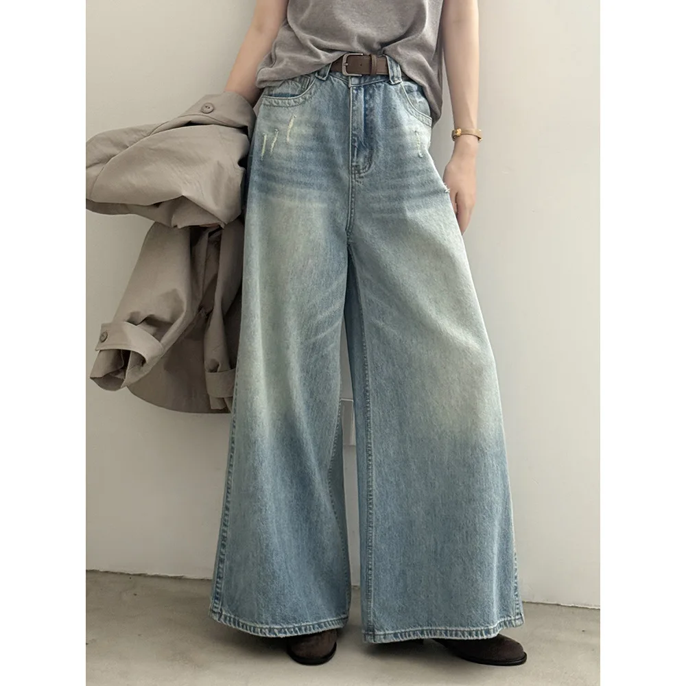 Jeans da donna retrò a vita alta a gamba larga Pantaloni larghi drappeggiati dimagranti casual lunghi fino al pavimento per l'autunno e l'inverno
