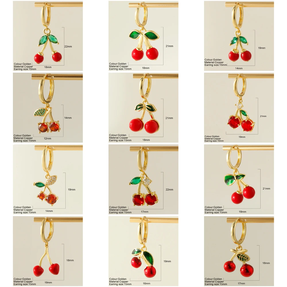 Gold Color Cherry Earrings For Women, Cute Red Cherry Design With Zircon Stones, Perfect For Summer Picnics And Parties