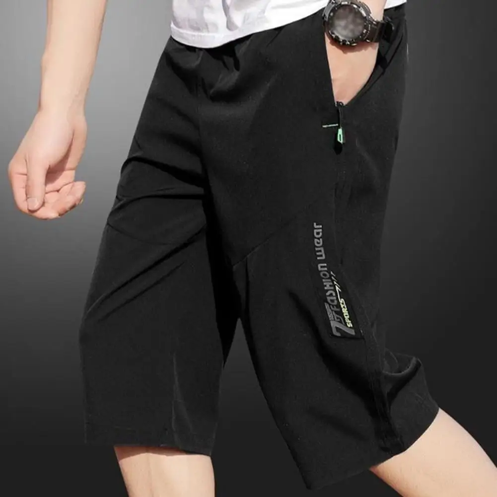 Thin Ice Silk Shorts Soft Breathable Men\'s Mid-calf Length Trousers with Elastic Waist Zipper Pockets Solid for Comfortable