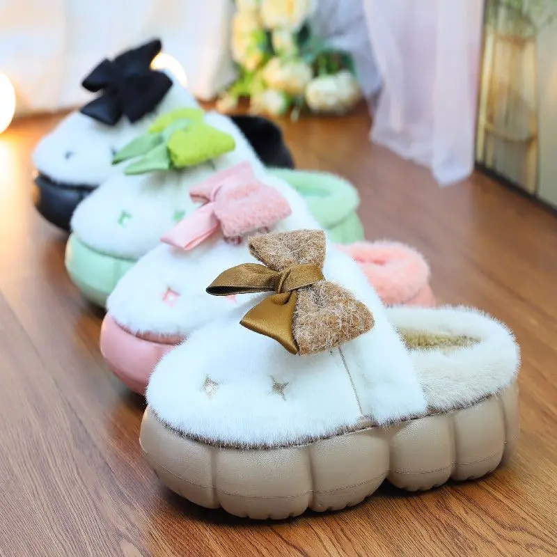 

New winter fluffy 6cm thick slipper women's warm home shoes platform fur slides women's green bowknot chunky mules elevator shoe