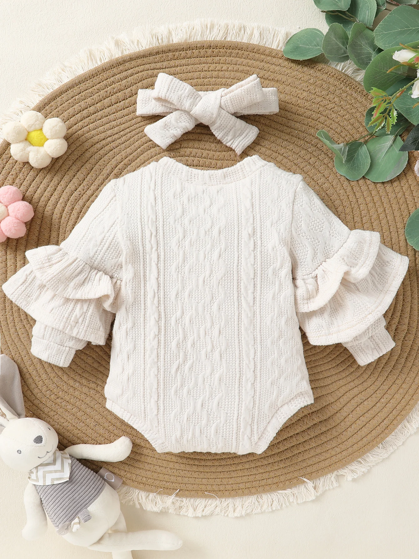 

2pcs Set Infant Baby Girls Textured Fabric Solid Color Romper And Headband, Autumn/Winter