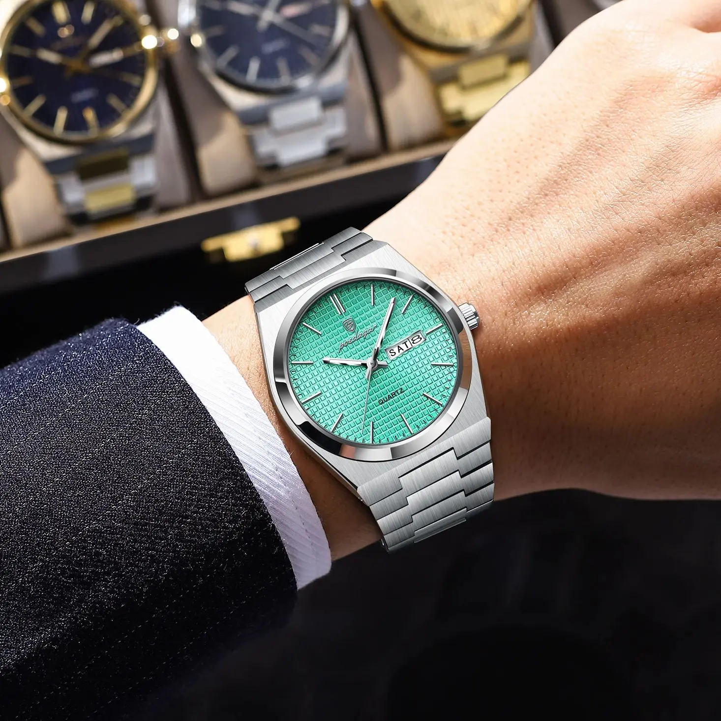 POEDAGAR أفضل رجل الأعمال ساعة مضيئة مقاوم للماء الفولاذ المقاوم للصدأ الرجال ساعة اليد تاريخ الأسبوع كوارتز موضة ساعات رجالية عادية