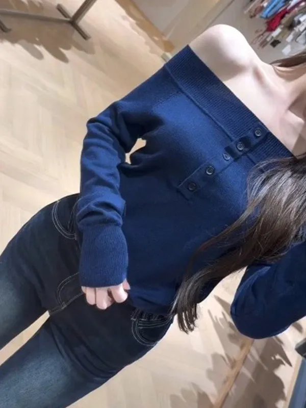 

Сексуальный корейский синий вязаный свитер с пуговицами, открытыми плечами, женский базовый топ для осени и зимы, стройнящий, модный