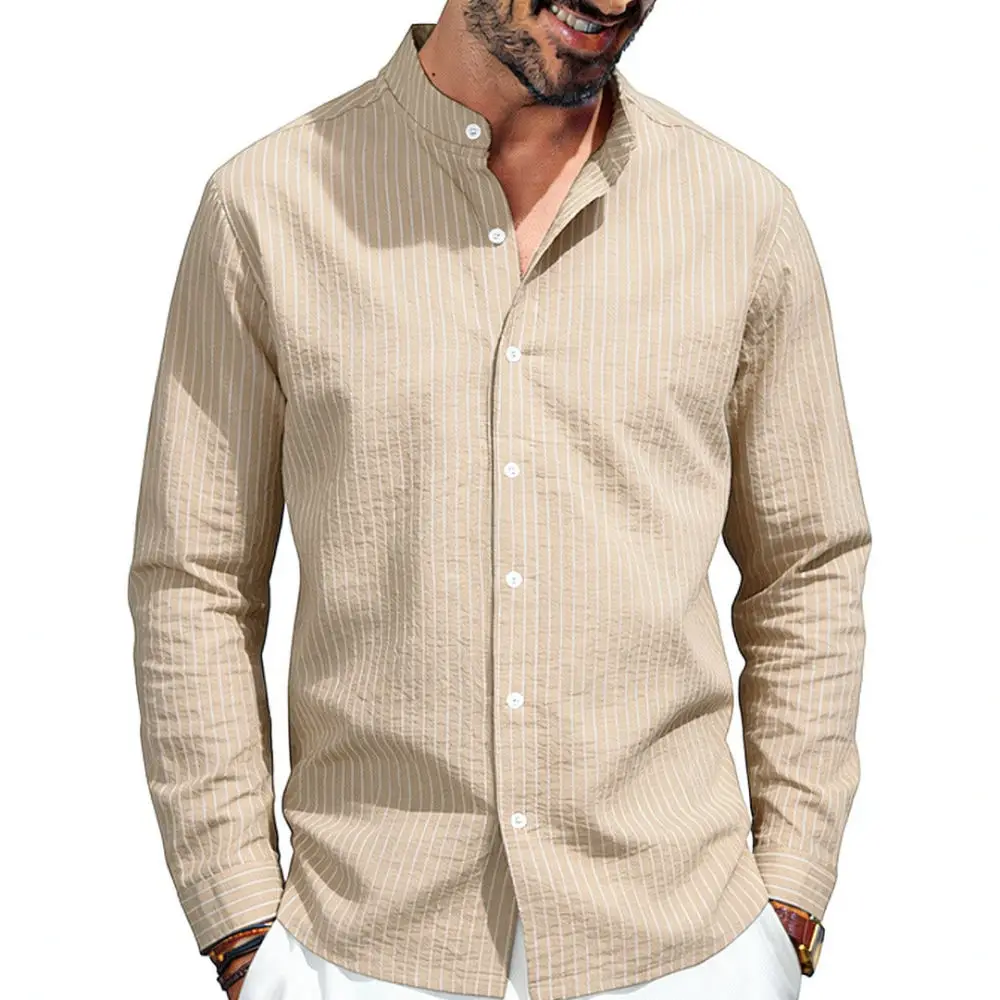 Mens Long Sleeve Vertical Striped Shirt Stand Collar Casual Linen Button Down Top Loose Fit Breathable Soft Business Blouse