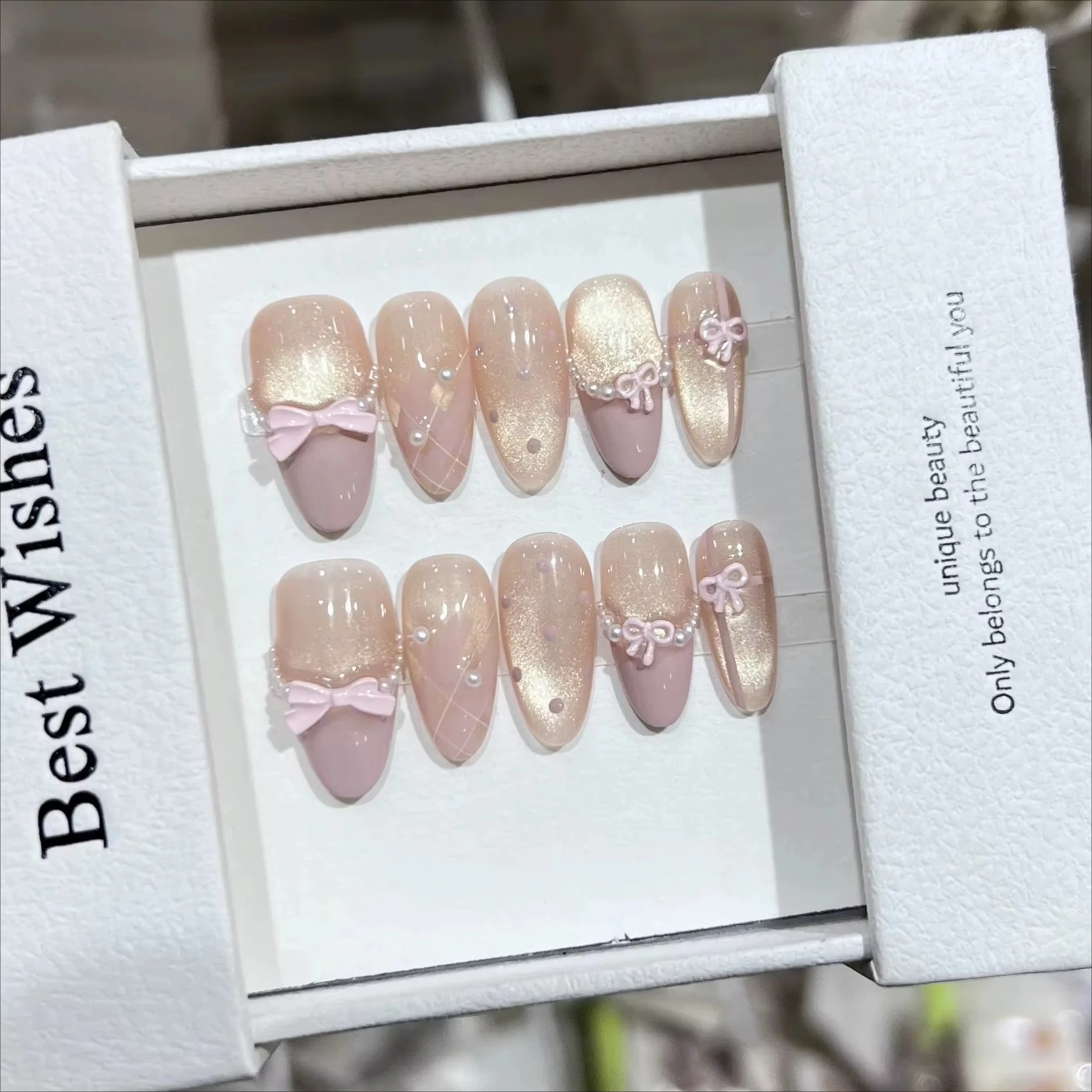 

10pcs Cat Eye Almond Handmade Press on Nails Polka Dot Fake Nails Bow False Nail Short Artificial Nail Накладные Ногти Uñas 네일팁