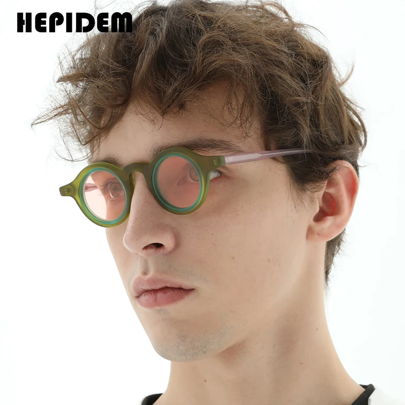 HEPIDEM Matte Acetate Polarized Sunglasses Men 2023 Double-Loop Design Retro Small Round Sun Glasses UV400 Women Shades H9267T