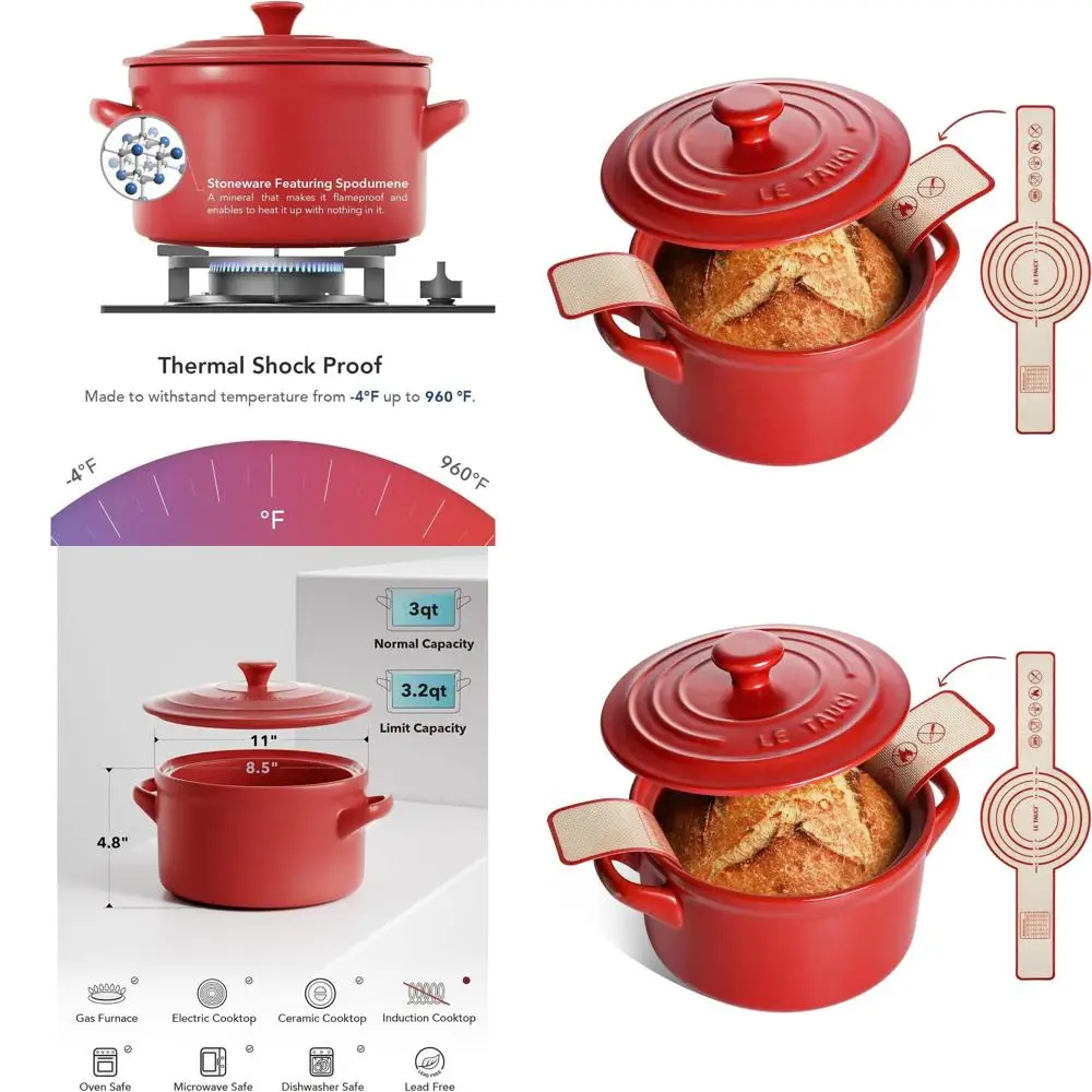 

Lightweight 3-Quart Ceramic Dutch Oven with Silicone Handle for Bread Baking - Non-Toxic, No Seasoning, Dishwasher Safe, Perfect