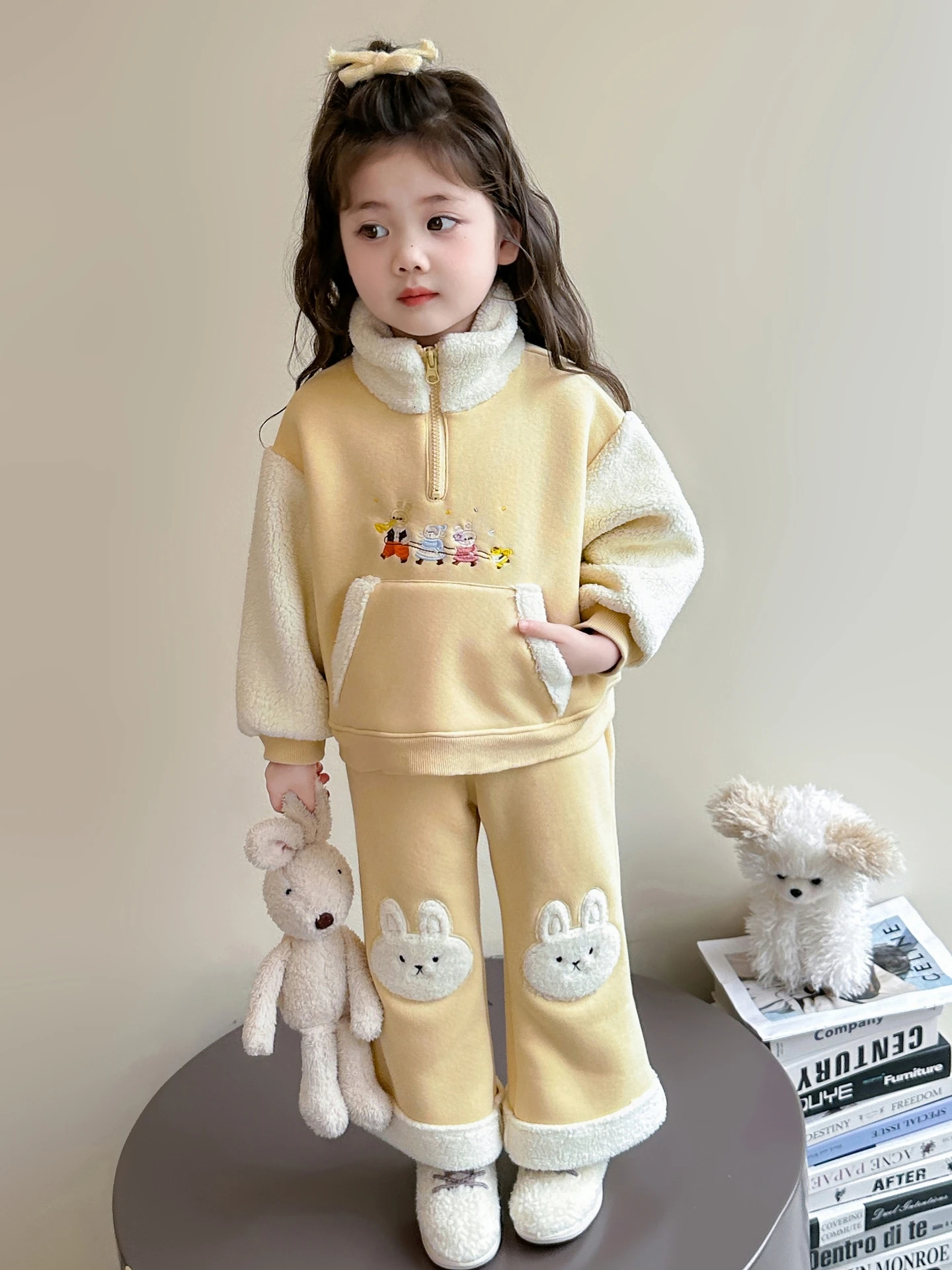 

Girls Fce Lined Casual Two Piece Set Korean Sle Autumn Winter Children's Clothing Warm Thiened Cotton Animal Print