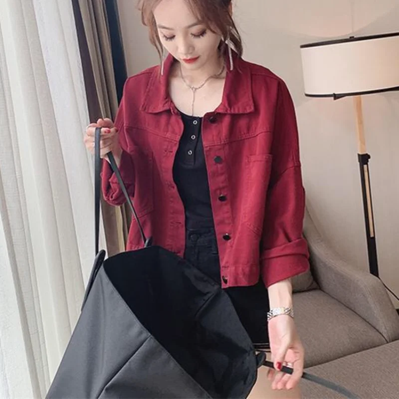 Denim Jacket Ladies Red Fall Clothing On Offer With High Quality Autumn Coats Trend Jeans Jackets Woman Spring Croped Coat Hit