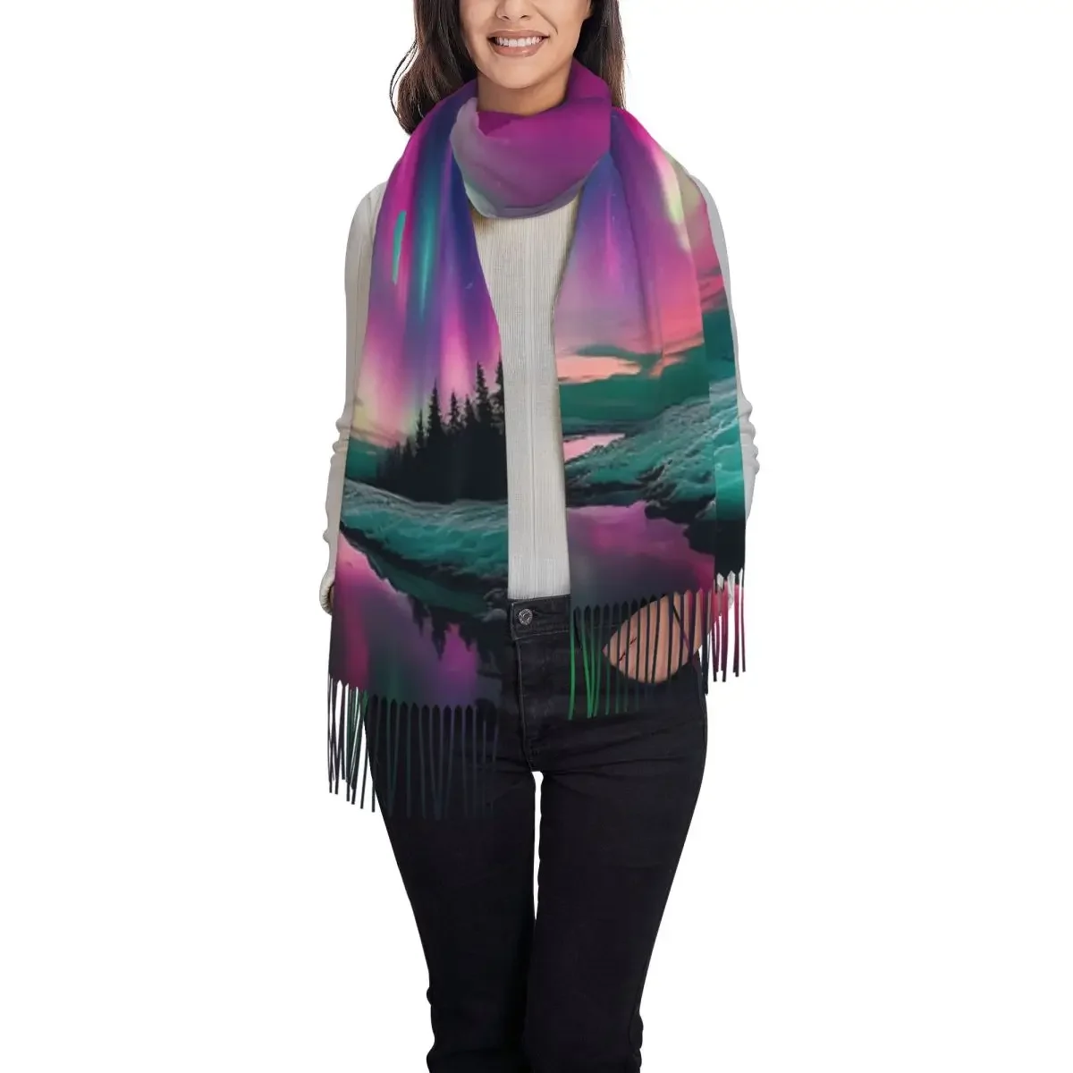 Custom Auroras Tassel Scarf Women Winter Warm Shawl Wrap Female Scarves