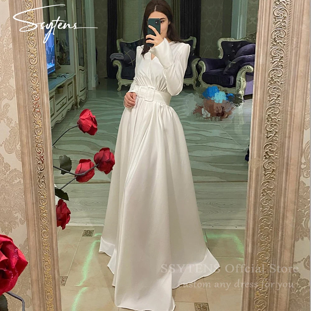 

SSYTENS Simple Ivory Satin Wedding Dresses V Neck Bride Dress Long Sleeves Arabic vestidos de noiva Bespoke Dubai Bridal Gowns