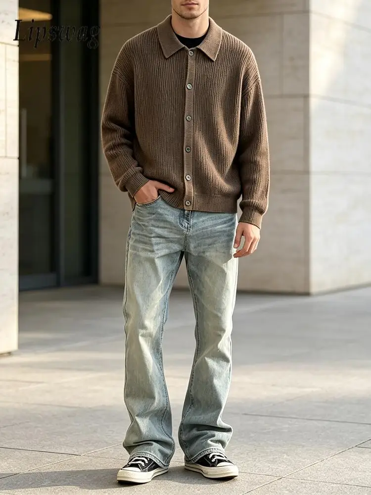 Autumn Winter Mens Striped Texture Knitted Cardigan Turn-down Collar Button Fashion Solid Color Daily Casual Outerwear Male
