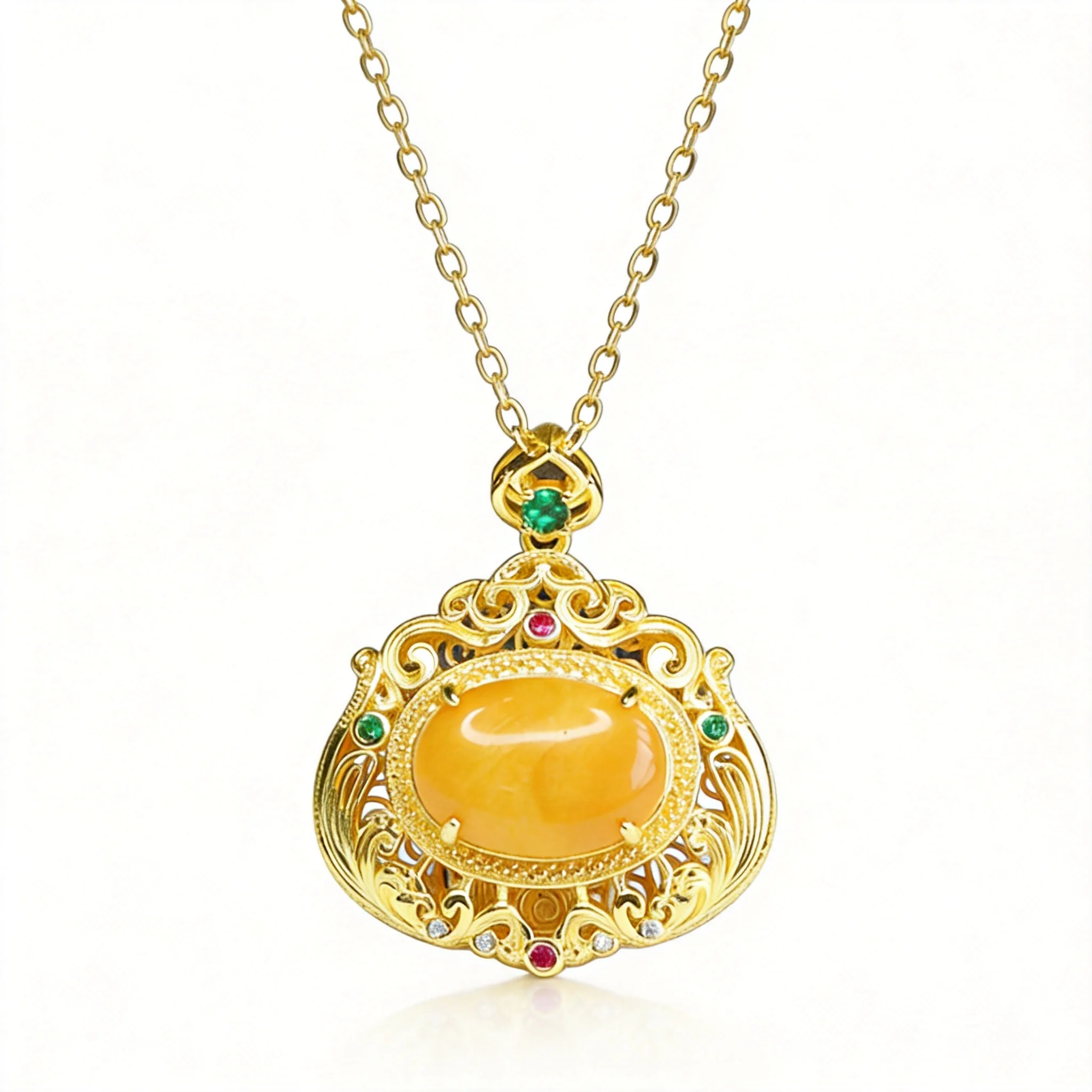 Chinese Style Lucky Blessing Natural Amber Ruyi Peach Pendant 12x16mm 18k Gold Plated Inlaid Gemstone Good Fortune Attracting