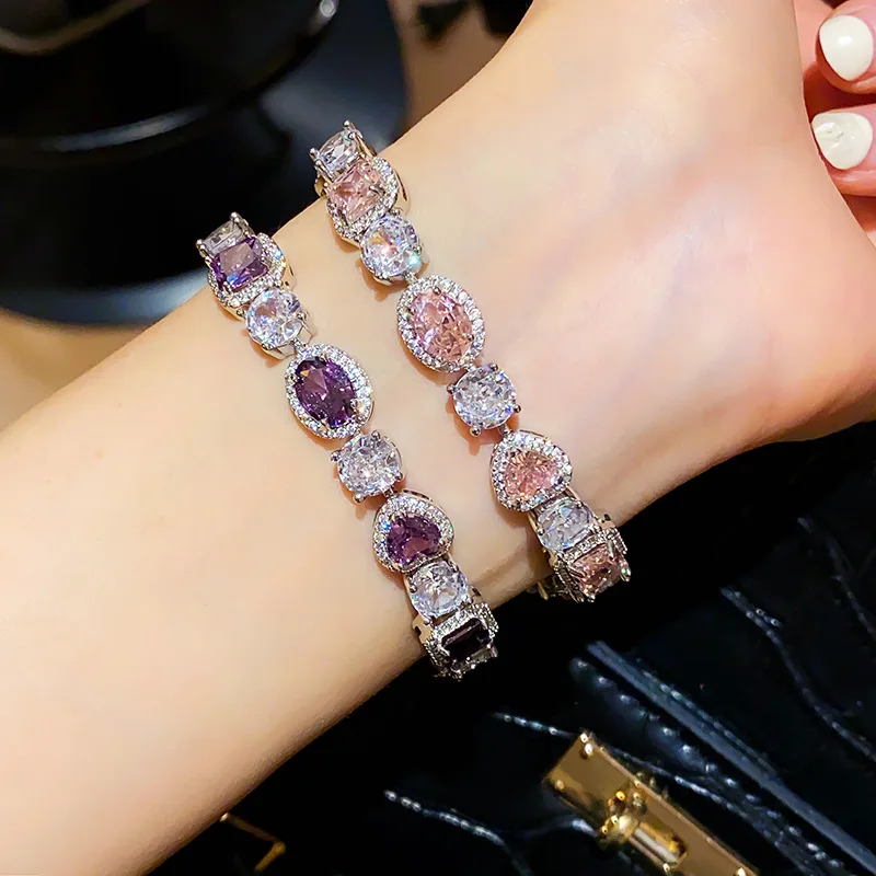 

High Quality Purple Pink Water-drop Square Zircon Bracelets Women Luxury Delicate Bridal Bridesmaid Wedding Party Jewelry 1680