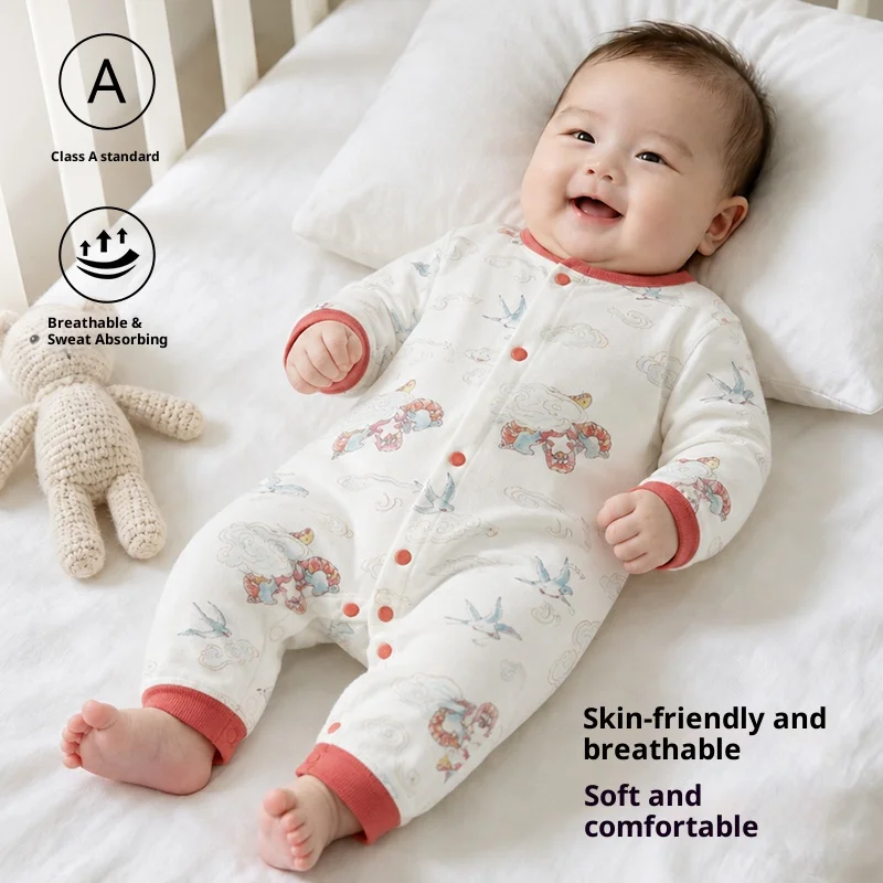 Baby Open-Front Cotton Jumpsuit, Grade A Long-Sleeve Romper, Breathable All-Season Sleepwear for Newborns