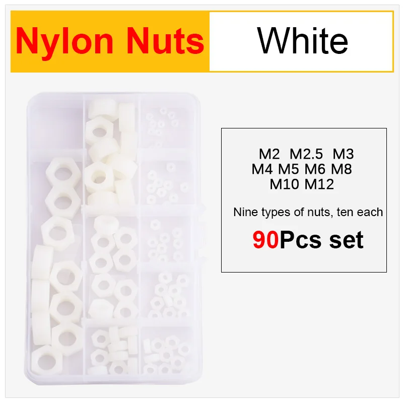 

90pcs M2 M2.5 M3 M4 M5 M6 M8 M10 M12 PA66 Black or White Nylon Plastic Hex Hexagon Nuts Set Metric Thread Suit For Screws Bolts