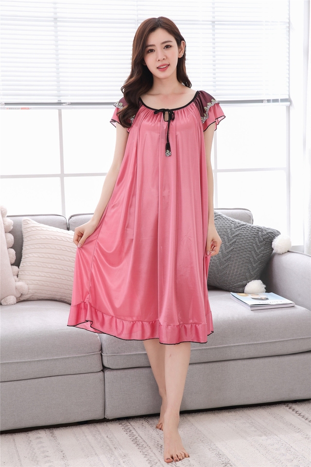 Women Satin Nightgown Short Flutter Sleeve Lace Decor Loose Sleep Dress Soft Icy Silk Ladies Casual Home Loungewear Nightdress