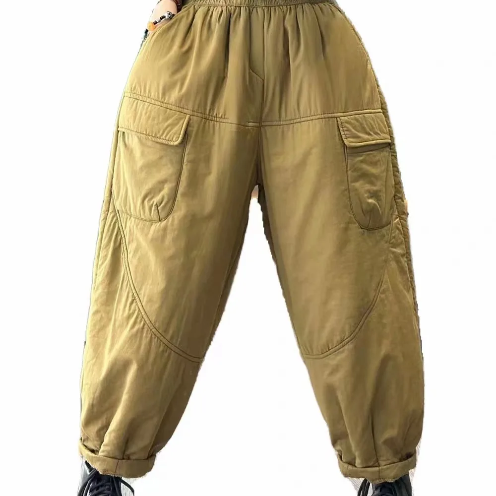 고급 여성용 겨울 면바지 신축성 있는 허리밴드 다용도 레트로 캐주얼 하란 팬츠 루즈핏 따뜻한 바지