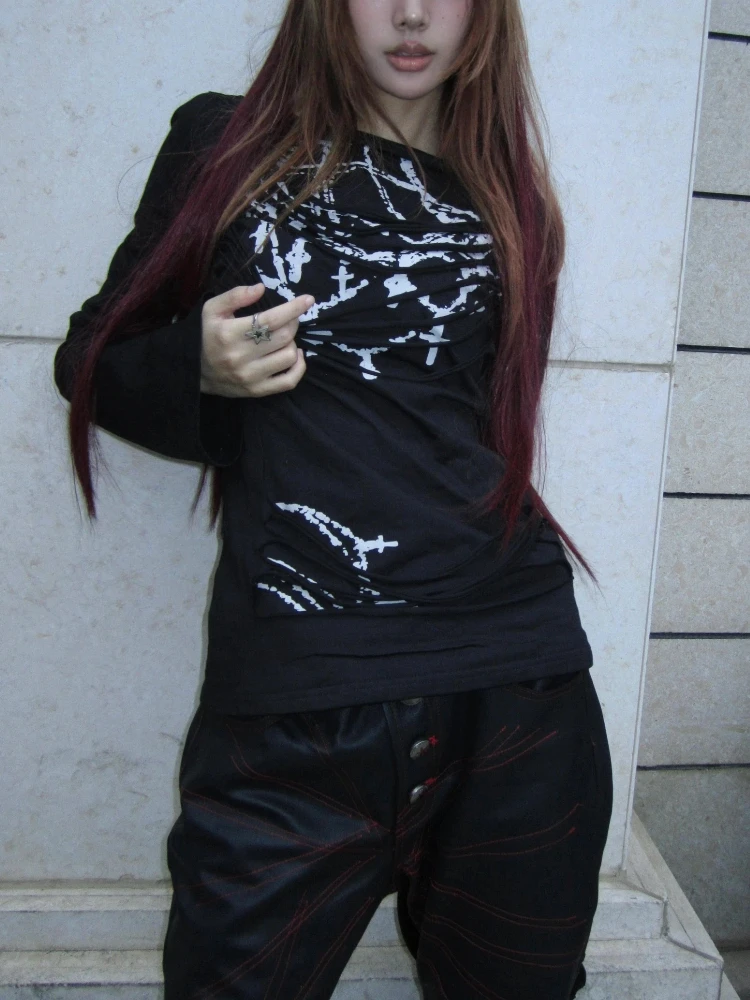 

2000s Grunge Aesthetics Tattoo Print T-shirt Women Gothic Style Chic Fake Two-piece Tops Japanese Y2k Streetwear Casual Outfits