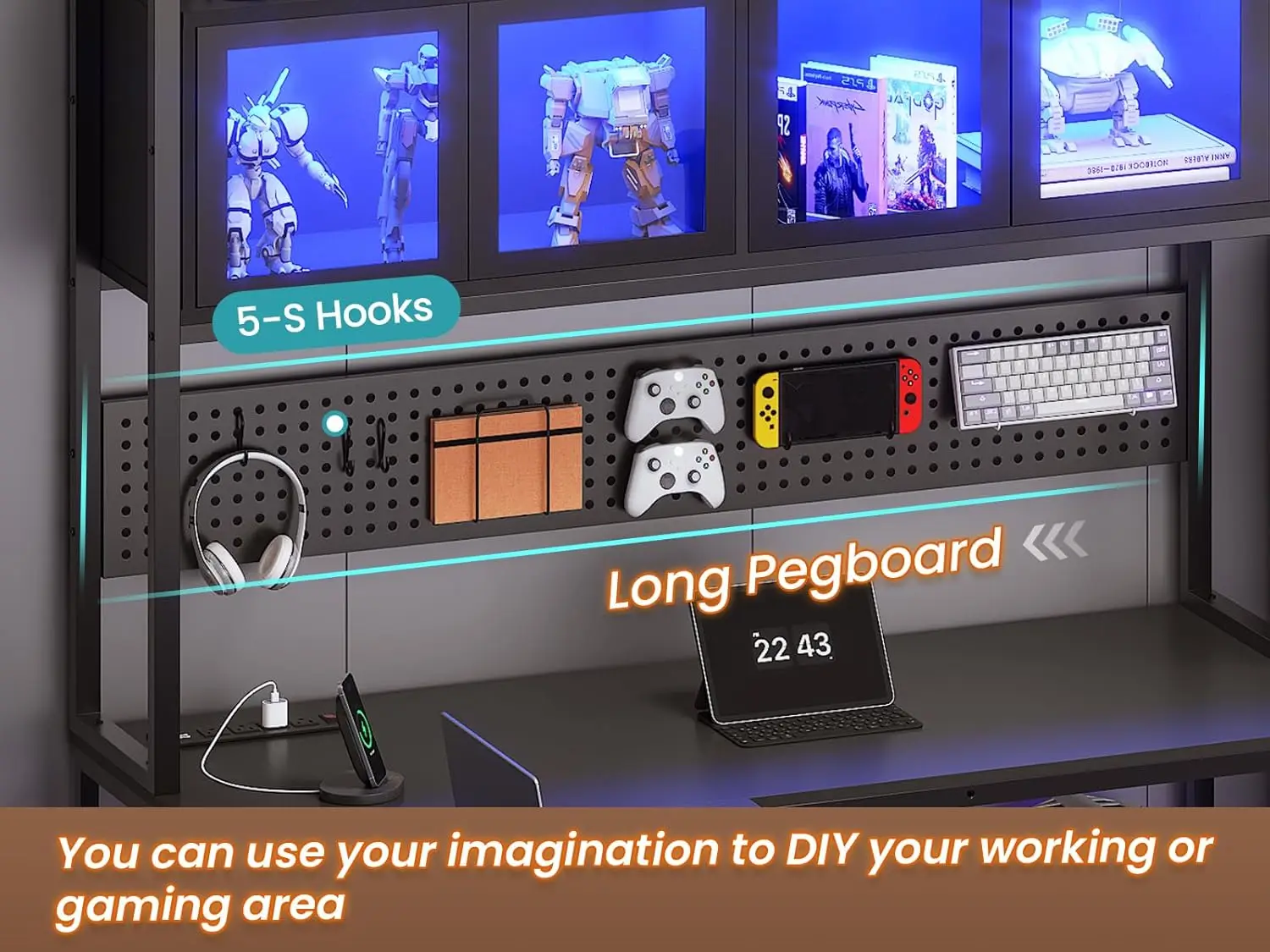 Sedeta L-Vormige Gaming Desk Met Lades, L-Vormige Computerbureau Met Hok En Opslag Planken, Gaming Desk Met Pegboard,