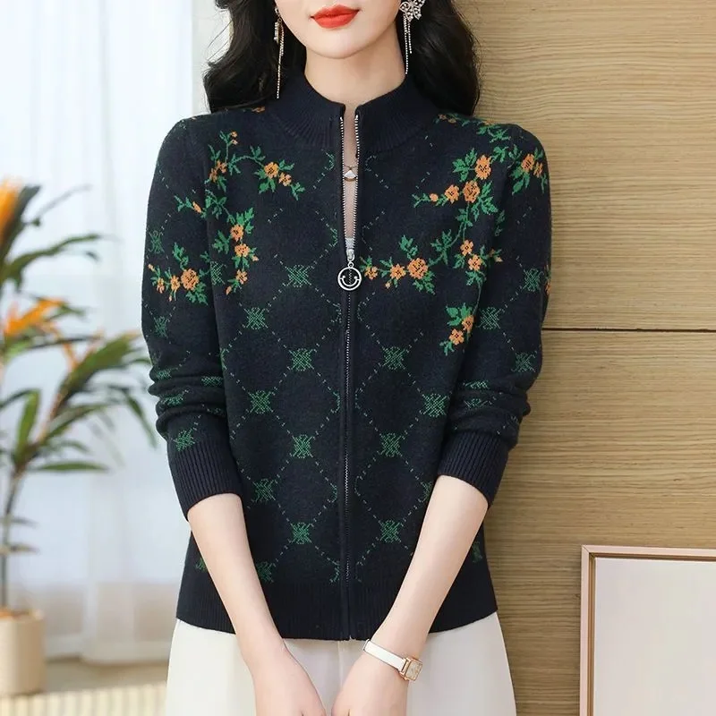 2025 Vrouwen Jacquard Truien Vest Lente Herfst Dames Stand Kraag Trui Jas Koreaanse Vrouwelijke Lange Mouwen Breien Jas
