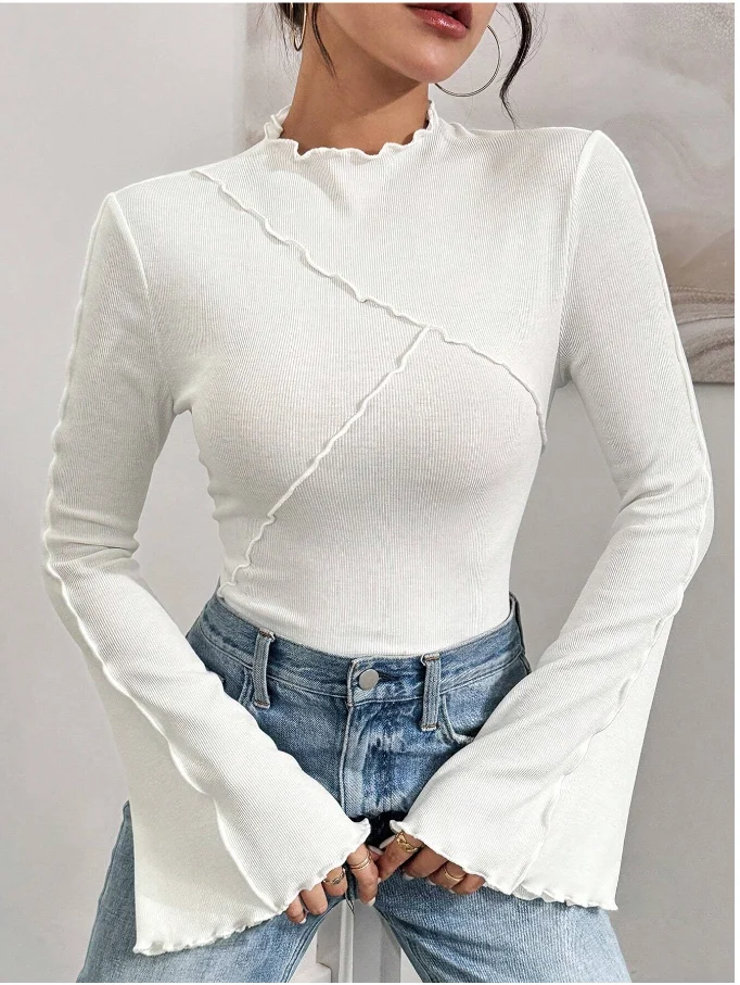 Fashion Spring Sexy Crop Tops Gothic Wooden Ears Slim Solid T-shirt Flared Sleeves Vintage Streetwear Women Chic Trend Baby Tees