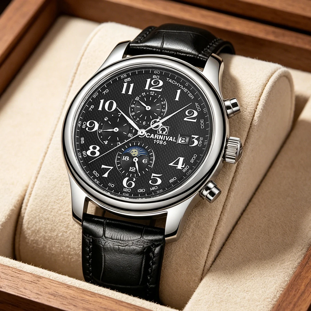 

Carnival Brand Fashion Mechanical Watch for Men Leather Strap Waterproof Calendar Automatic Moon Phases Luxury Wristwatches Mens