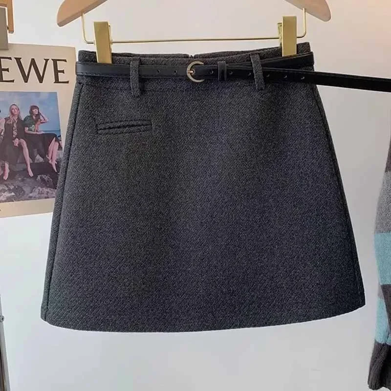 

Female Autumn Winter Thick Short Skirt Korean Fashion Office Lady Mini Skirts Elegant Zipper High Waist with Belt Woolen Skirts