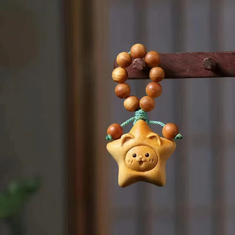 

Cute Star Cat Buddha Bead Handstring Pendant Decor Cliff Cypress Wood Carving Lucky Cat Figurine kawaii Ornaments Birthday Gift