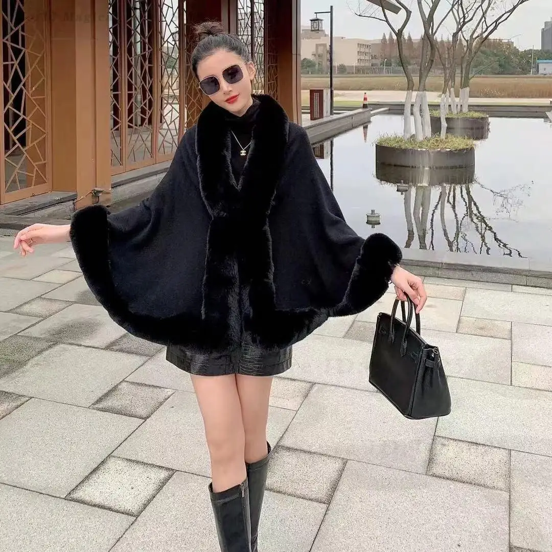 Fall Winter New Women Oversized Knit Cape with Faux Rabbit Fur Collar 60-80Cm 670G Heavy Warm Plus Size Poncho Shawl Coat - view 6