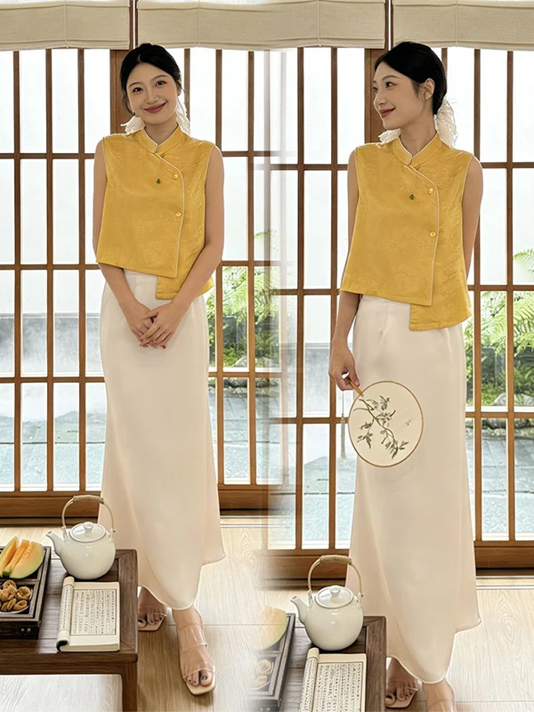 

Fashionable Yellow Revamped Chinese Style Set Women's Summer New Vintage Ageless Sleeveless Vest High Waist Skirt