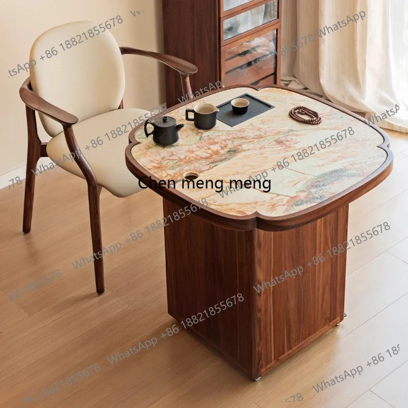 

Stone surface rotating movable wheel tea table light luxury ebony wood study small household tea table