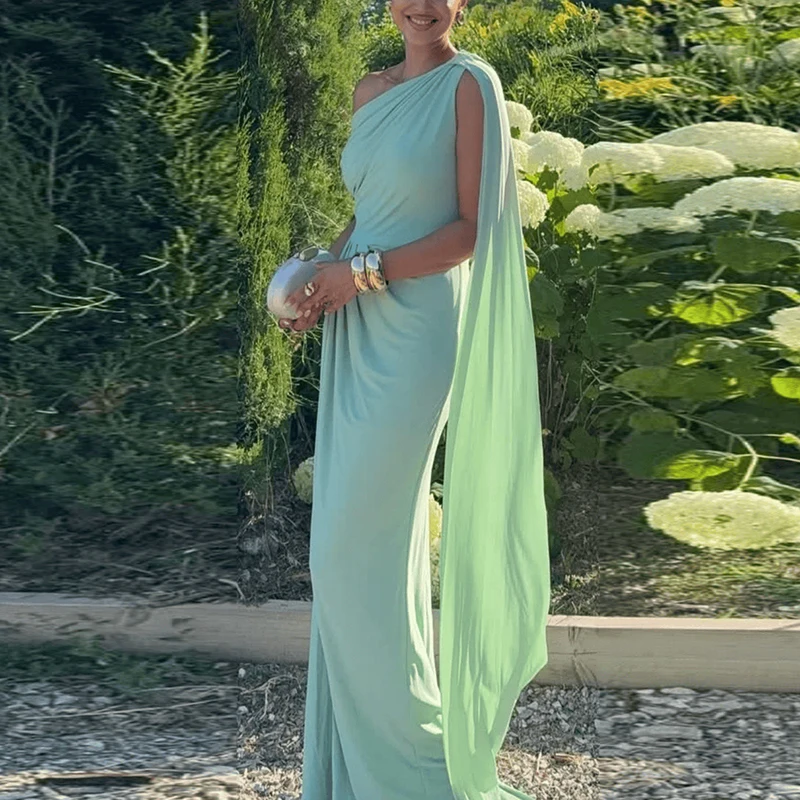 Fashion Diagonal Collar Patchwork Bridesmaid Dress Birthday Party High Waist Slim Fit Women Dress Asymmetrical Summer Long Dress