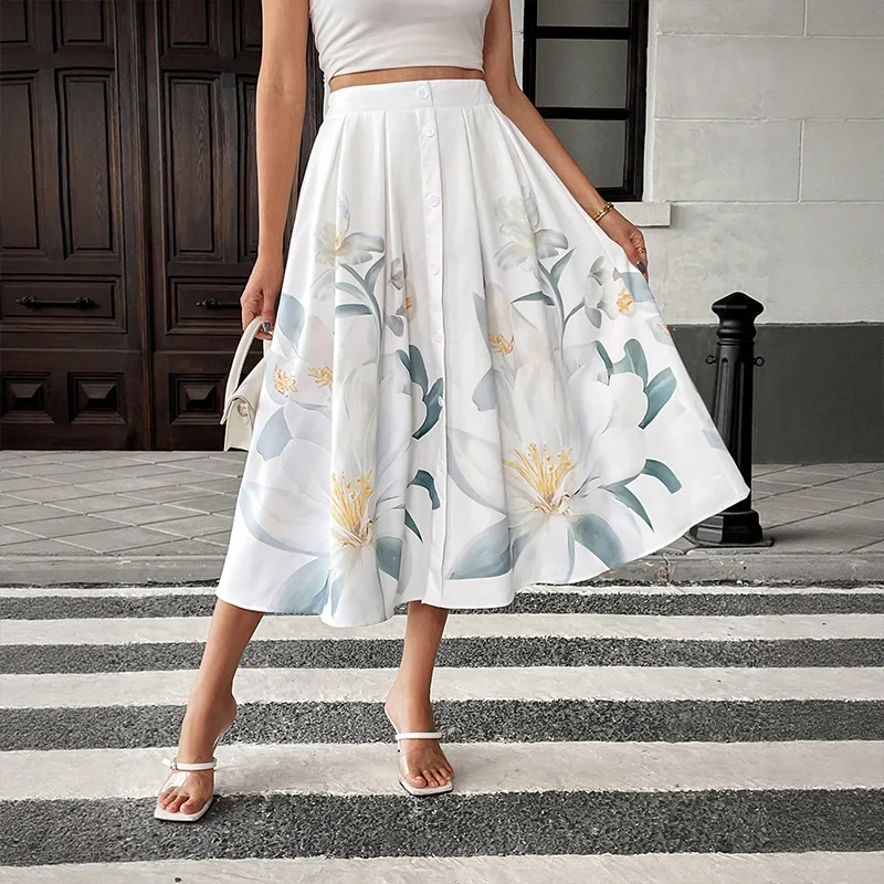 Women Summer Vaion Floral Print Midi Skirt High Waist Button Front Flowy Casual Skirt