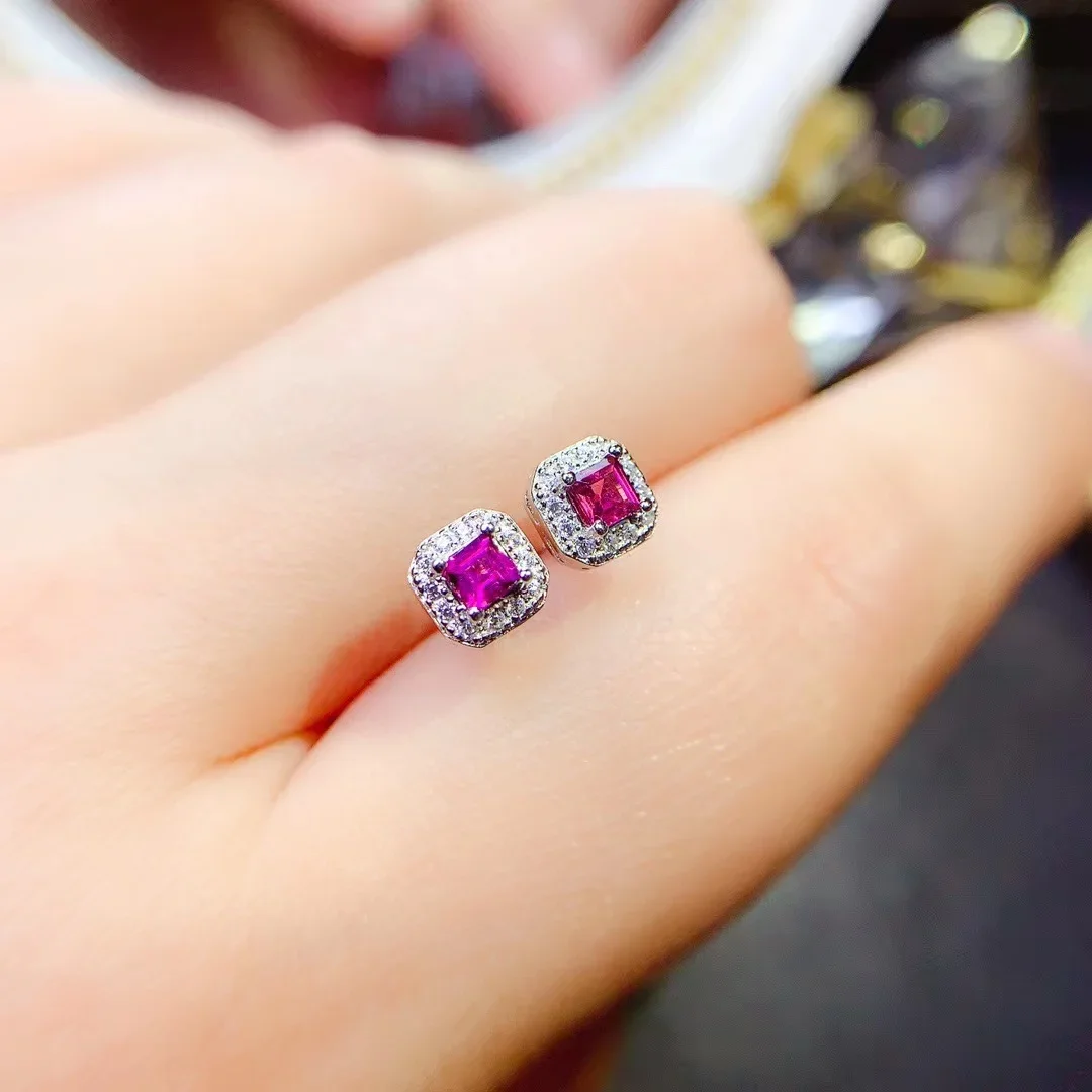 

Magnesium Aluminum Garnet Earrings Square Red Gem 925 Sterling Silver Women's Earrings