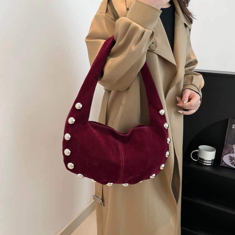 Fashion Rivets Suede Shoulder Underarm Bag For Women Soft Leather Female Handbag Autumn Winter Large Capacity Motorcycle Bag New