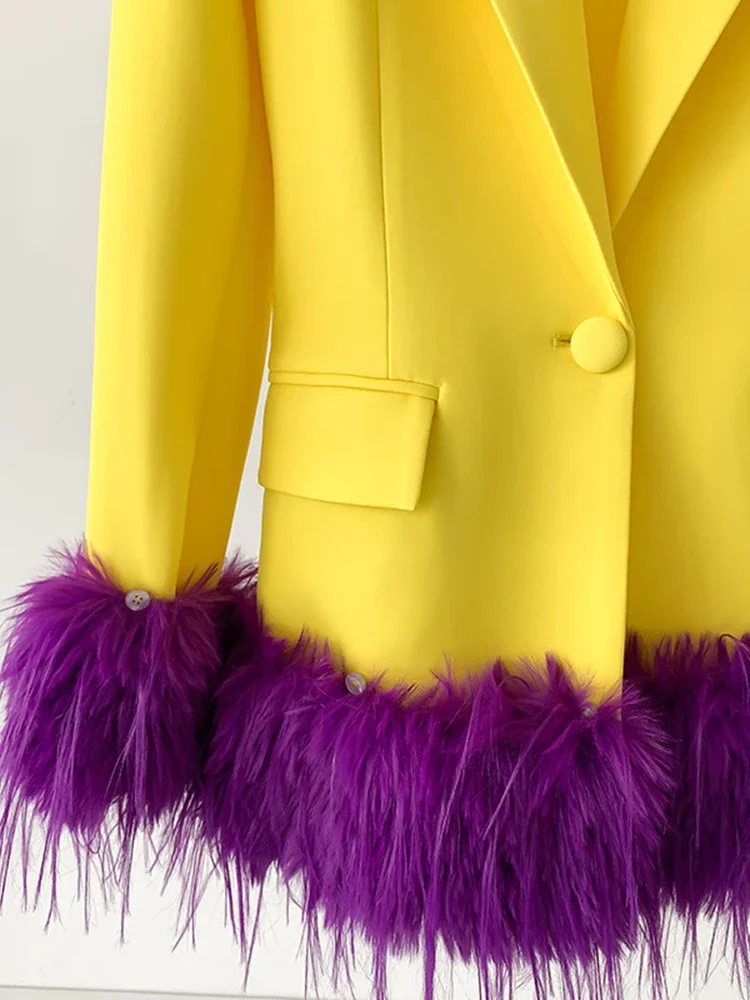 HIGH STREET Newest 2023 Stylish Designer Jacket Women\'s Single Button Feather Embellished Blazer