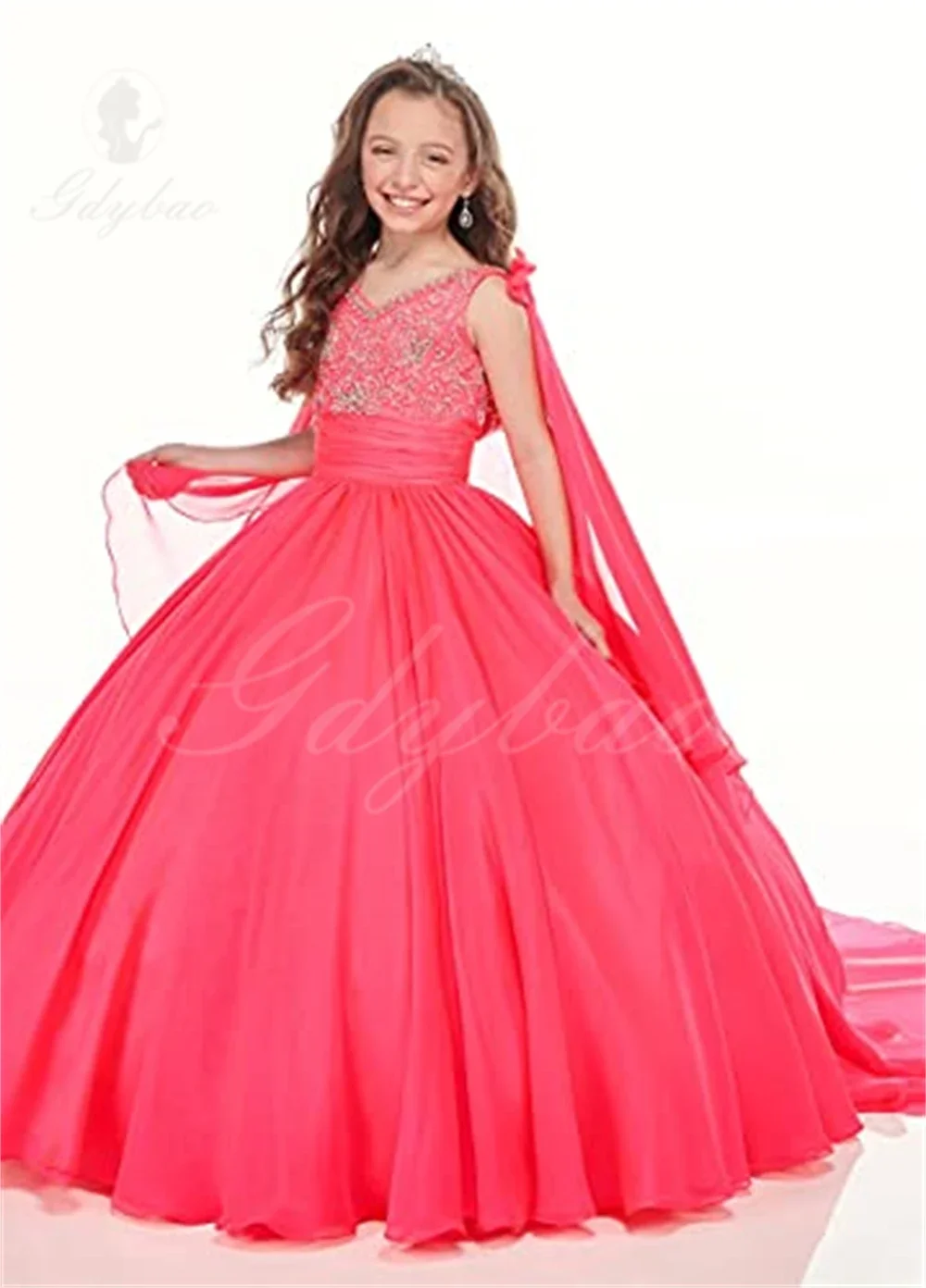 Flower Girl Dress Girls V Neck Pageant Dress Chiffon Princess Birthday Party Dresses Formal Ball Gowns with Flowy Cape