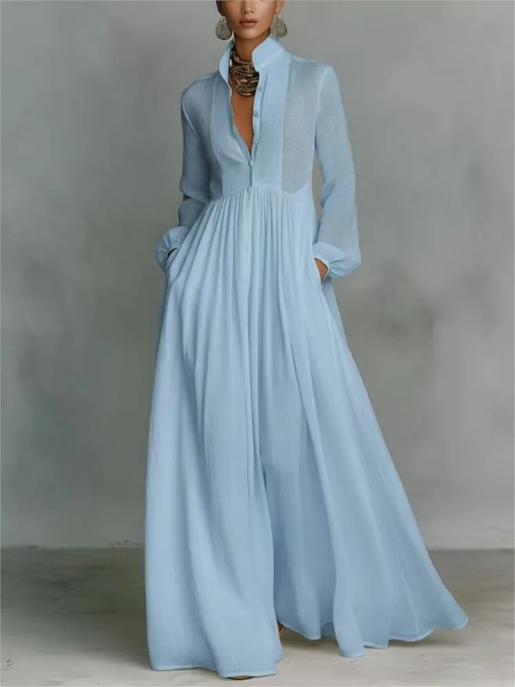 New Elegant High Waist Swing Long Dress Woman Spring Solid Pockets Pleated Maxi Dress Autumn Long Sleeve Button Evening Dress - Image 3