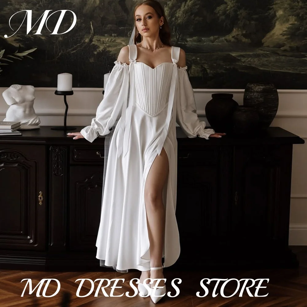 MD Elegant Spaghetti Strap Wedding Dresses Side High Slit Long Sleeve Bridal Gown Ankle-Length Vestidos De Novia Customized 2025