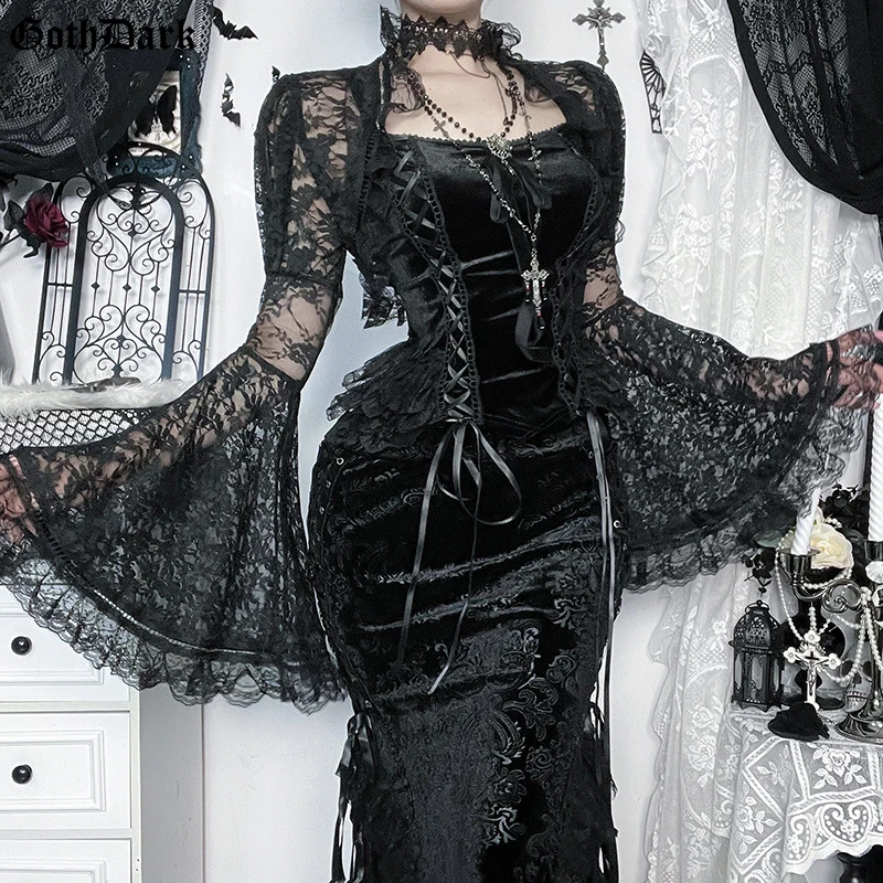 

Готические темные кружевные ажурные прозрачные укороченные топы с плечами, женские шикарные пальто, торговый центр, готический гранж, расклешенные рукава, солнцезащитный крем, халат, кардиганы