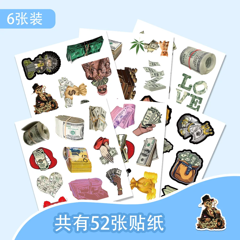 52Pcs Money Stickers Funny Graffiti Decoration Stickers Car Notebook Tablet Skateboard Stickers