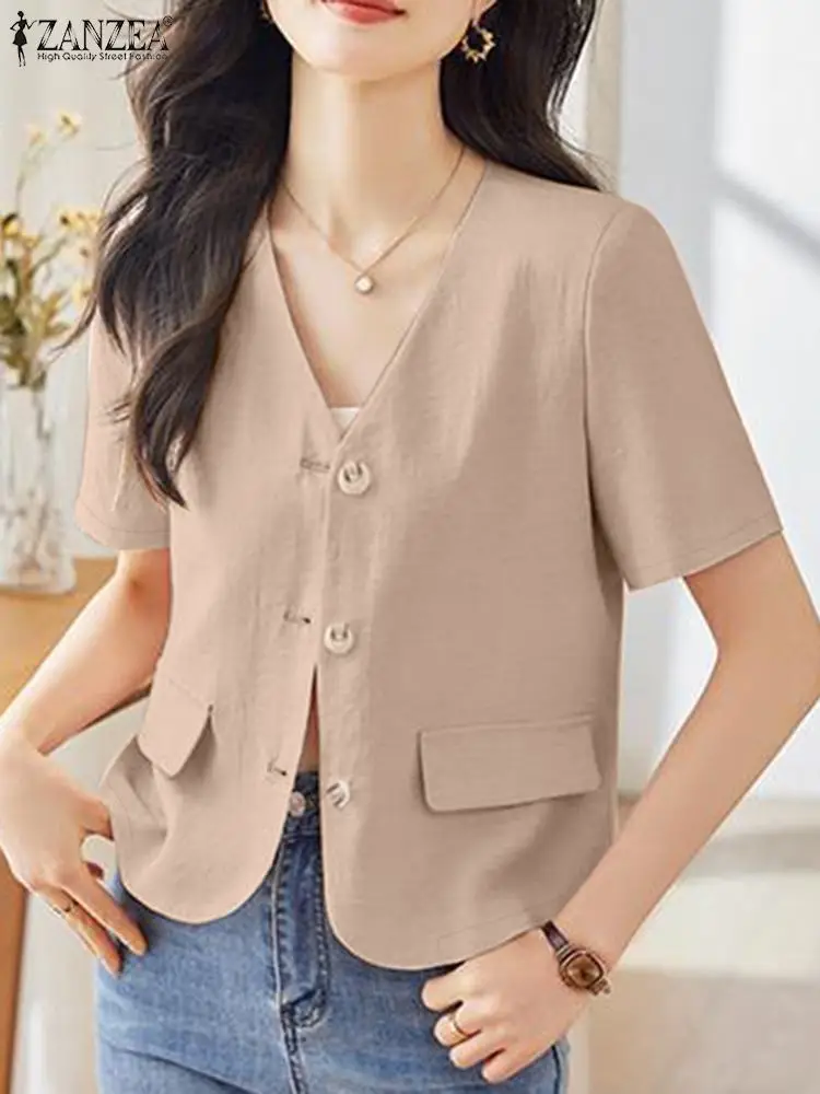 ZANZEA Elegant V Neck Shirt Tops Korean Fashion Solid Color Button Up Office Lady Blouses Women Short Sleeve Commute Overshirt